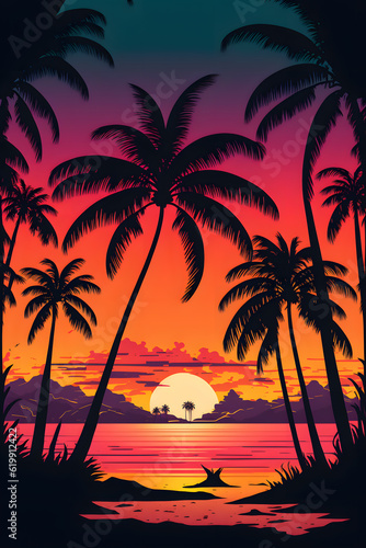 Digital art depicting a neon tropical island. Tropical summer palm trees. Generative AI © Lastyear