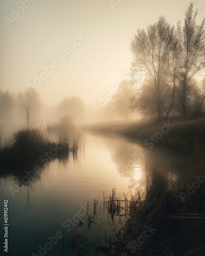 Spectacular view of a misty lake, marsh, reed edge, trees and forests. Sunset low light and a rustic, cinematic atmosphere. Yellow toned landscape. Created with Generative AI technology. 