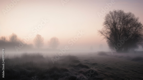 Spectacular view of a misty lake, marsh, reed edge, trees and forests. Sunset low light and a rustic, cinematic atmosphere. Pink toned landscape. Created with Generative AI technology.