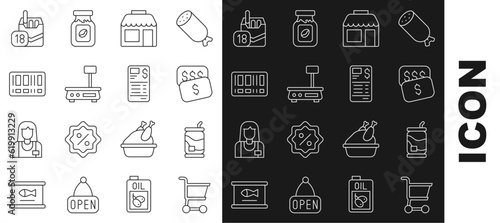 Set line Shopping cart, Soda can, New price tag dollar, Market store, Electronic scales, Barcode, Cigarettes pack box and Paper financial check icon. Vector