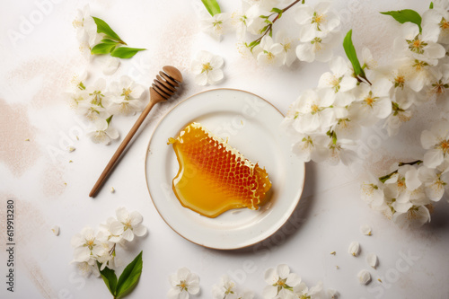 Composition with fresh honey on white plate with flowers around, bright background, top view. Generated using AI tools