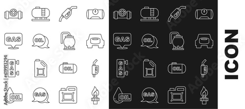 Set line Oil rig with fire, Gasoline pump nozzle, Spare wheel the car, Word oil, Location and gas station, Metallic pipes valve and tank storage icon. Vector