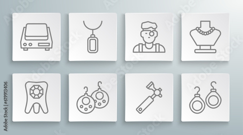 Set line Tooth with diamond, Pendant necklace, Earrings, Jewelers lupe, man, Necklace mannequin and Electronic jewelry scales icon. Vector