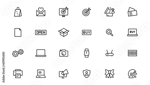 Digital marketing icons set. Content, search, marketing, ecommerce, seo, electronic devices, internet, analysis.Outline icon.Outline icon.