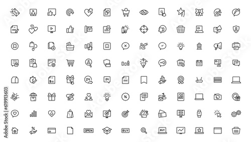 Digital marketing icons set. Content, search, marketing, ecommerce, seo, electronic devices, internet, analysis.Outline icon.Outline icon.