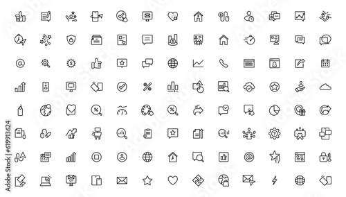 Digital marketing icons set. Content, search, marketing, ecommerce, seo, electronic devices, internet, analysis.Outline icon.Outline icon.