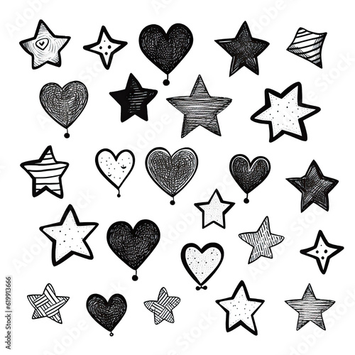 Hand drawn set of stars and hearts doodle isolated on white background