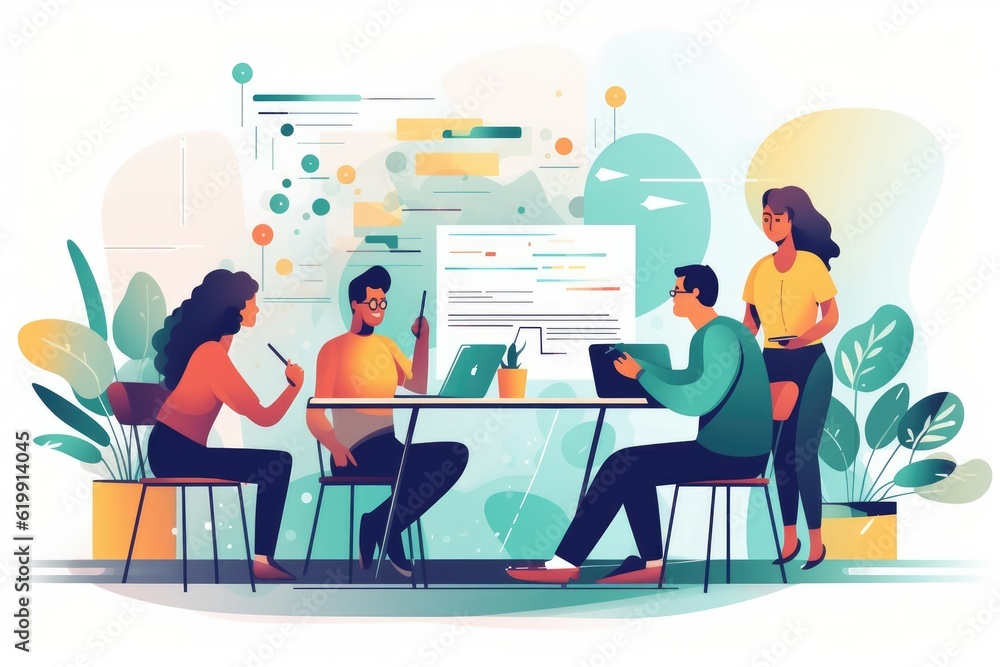 Illustration of diverse group of people collaborating working and planning in a meeting or at school Illustration of diverse group of people collaborating working and planning in a meeting or at school