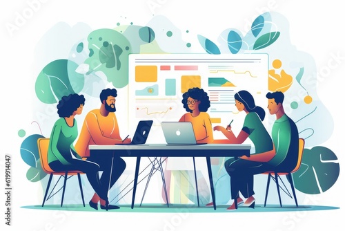 Illustration of diverse group of people collaborating working and planning in a meeting or at school