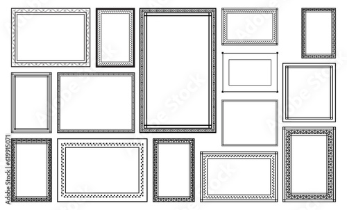 Empty painting or picture frames with engraved and carved wooden borders. Set of decorative retro ornamental detailed picture frames. Old classic vector baroque black simple frames collection.