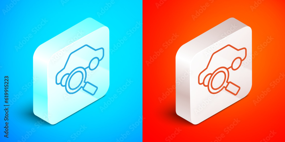 Isometric line Car sharing icon isolated on blue and red background. Carsharing sign. Transport renting service concept. Silver square button. Vector Isometric line Car sharing icon isolated on blue and red background. Carsharing sign. Transport renting service concept. Silver square button. Vector