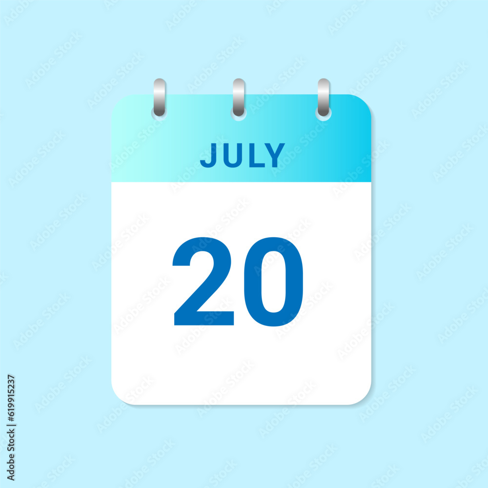 Daily calendar 20th of July month on white paper note Daily calendar 20th of July month on white paper note
