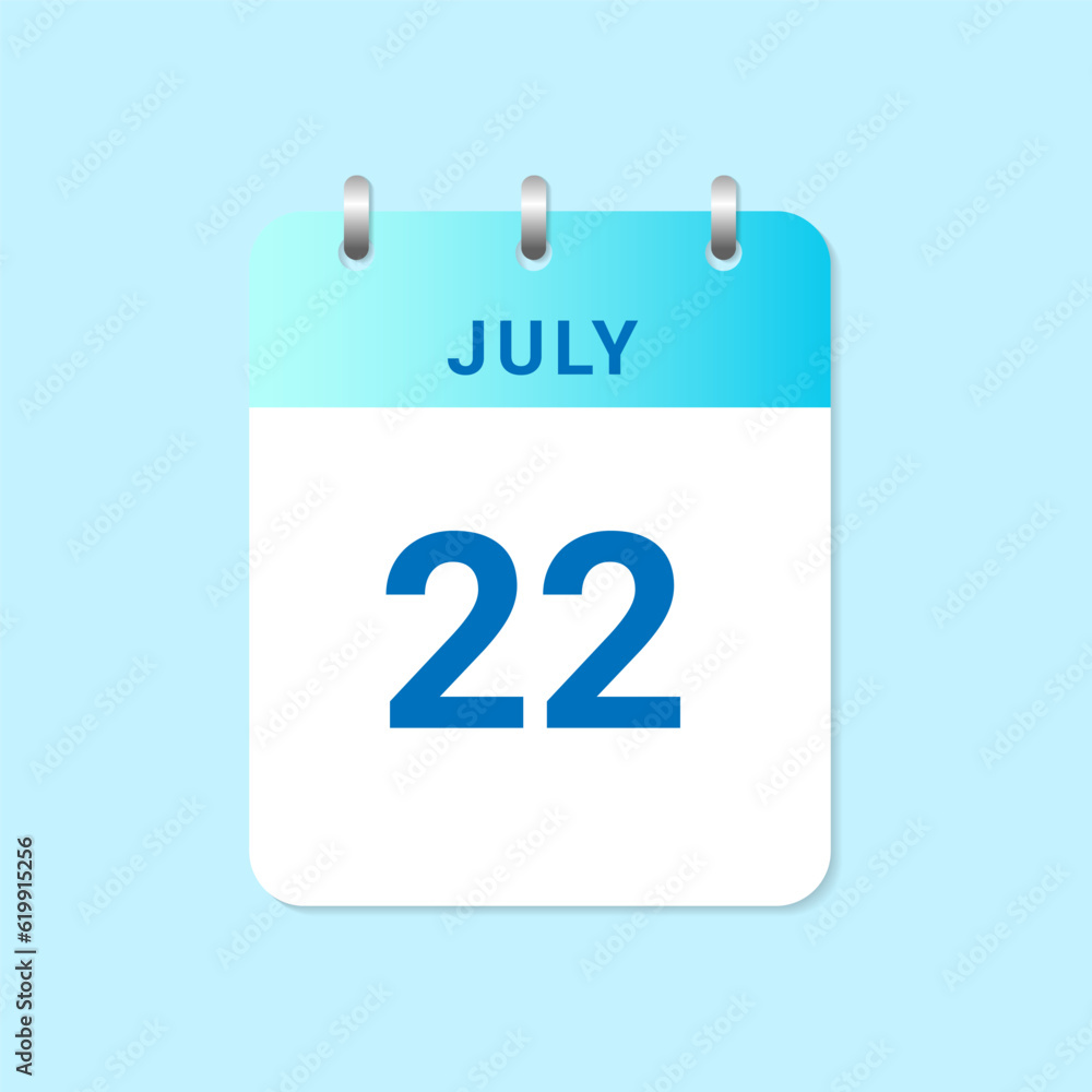 Daily calendar 22nd of July month on white paper note Daily calendar 22nd of July month on white paper note