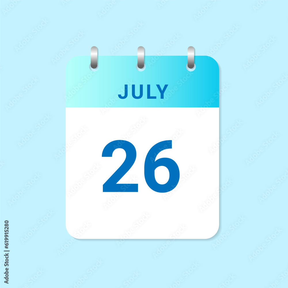 Daily calendar 26th of July month on white paper note Daily calendar 26th of July month on white paper note