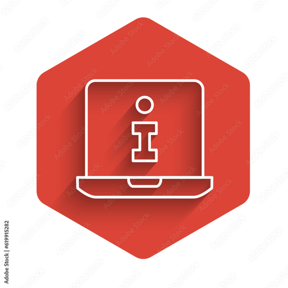 White line Information icon isolated with long shadow background. Red hexagon button. Vector White line Information icon isolated with long shadow background. Red hexagon button. Vector