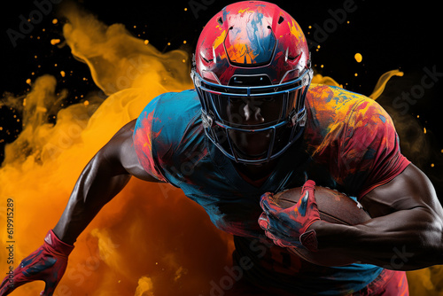 American football sportsman player running trough fluid multicolor powder. Generative AI. © Bobboz