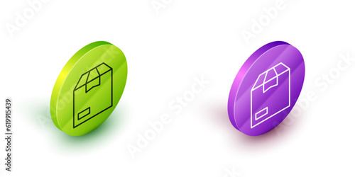 Isometric line Carton cardboard box icon isolated on white background. Box, package, parcel sign. Delivery and packaging. Green and purple circle buttons. Vector