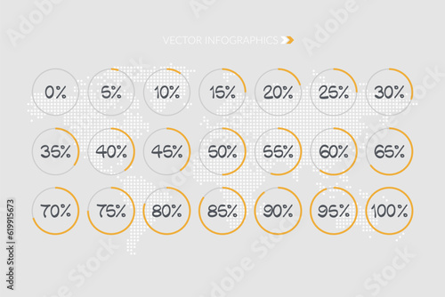 5 10 15 20 25 30 35 40 45 50 55 60 65 70 75 80 85 90 percent pie chart set. Circle diagrams. Dotted world map. Vector percentage set for download, infographic, progress, business, finance, report