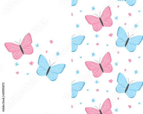 Kids set of prints with butterflies. Cute print with butterflies and flowers and butterflies seamless pattern. Vector illustration. Hand drawn childish cute prints.