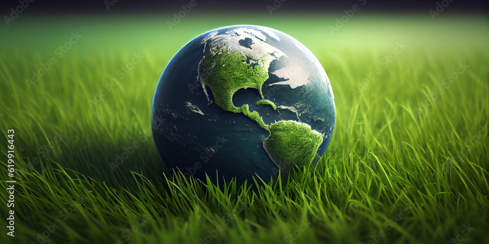 Earth globe lies on green grass. Generative AI Earth globe lies on green grass. Generative AI