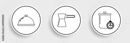 Set line Cooking pot and kitchen timer, Covered with tray of food and Coffee turk icon. Vector