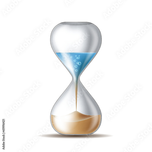 Water in hourglass becomes a sand. Sandglass isolated on white background.