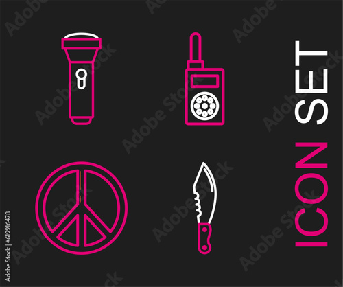 Set line Military knife, Peace, Walkie talkie and Flashlight icon. Vector