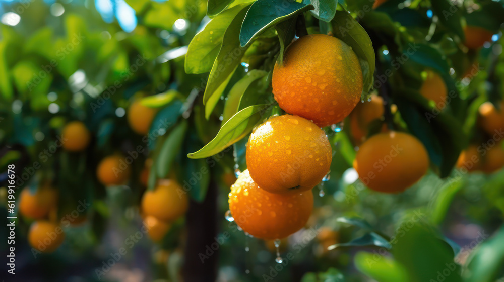 Fresh oranges on a tree, Freshly grown oranges on a farm, AI generated Fresh oranges on a tree, Freshly grown oranges on a farm, AI generated