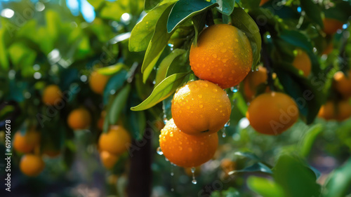 Fresh oranges on a tree, Freshly grown oranges on a farm, AI generated