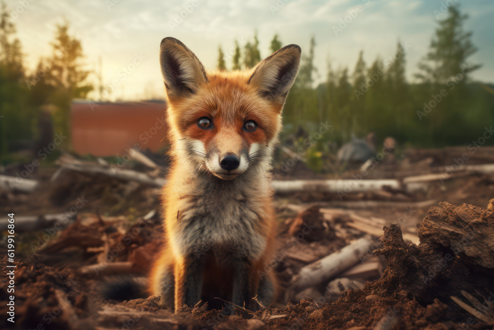 Fototapeta premium fox in a ruined forest environment