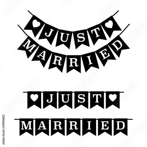 Just Married Hanging wedding decorative flags sign. Wedding invitation card. Vintage style. Black and white. Vector illustration.
