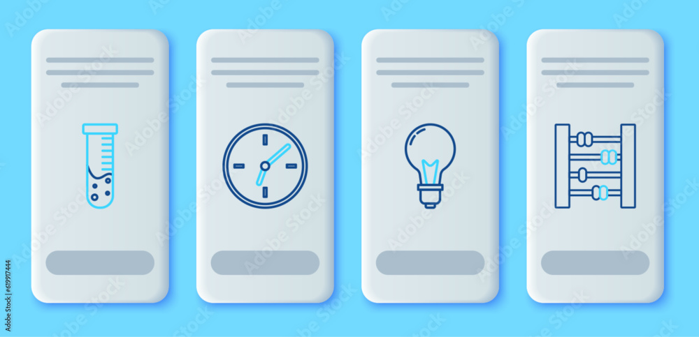 Set line Clock, Light bulb with concept of idea, Test tube and flask chemical laboratory and Abacus icon. Vector