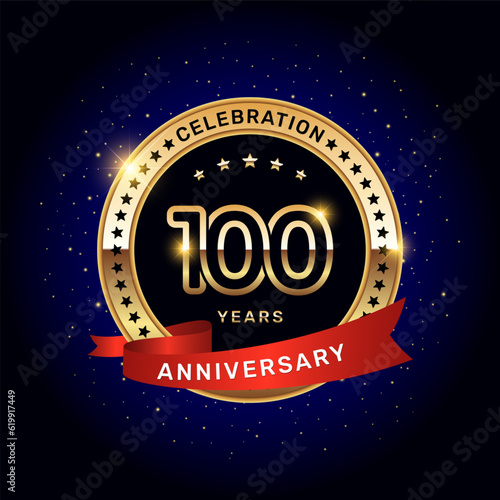 100th anniversary logo with gold numbers and red ribbon, vector template