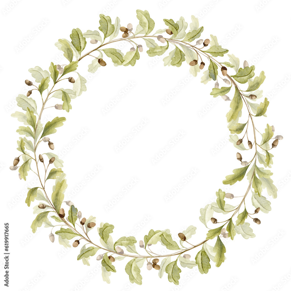 Oak branch Wreath. Hand drawn watercolor illustration of round Frame with acorns and green leaves on white isolated background. Circular border with forest foliage for icon, logo or greeting cards.