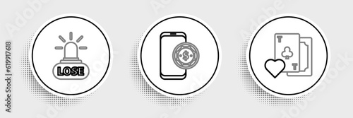 Set line Playing card with clubs symbol, Casino losing and Online poker table game icon. Vector