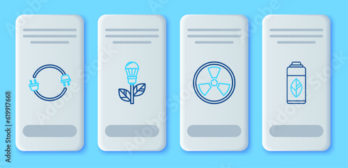 Set line Light bulb with leaf, Radioactive, Electric plug and Recycling plastic bottle icon. Vector