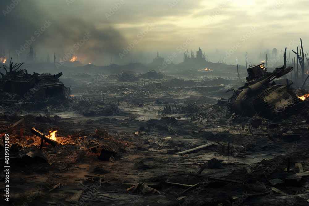 scorched battlefield, littered with destroyed tanks and remnants of war, generative ai 