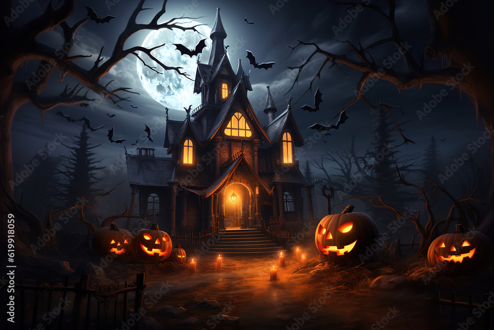 spooky haunted house with bats flying around and a glowing jack-o'-lantern at the entrance, generative ai 