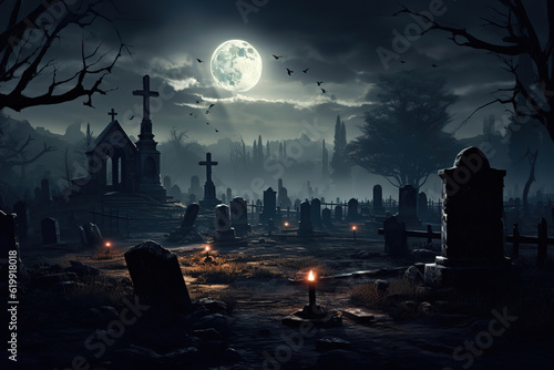 Fotobehang spooky graveyard with tombstones, eerie fog, and a full moon casting a shadow, g