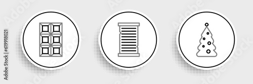 Set line Christmas tree with decorations, Chocolate bar and wish list template icon. Vector