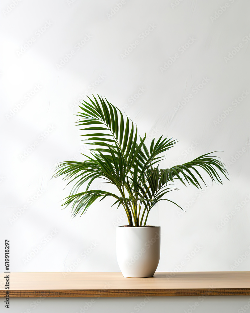 Tropical plant with lush leaves on floor near white wall Tropical plant with lush leaves on floor near white wall