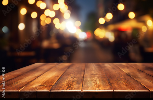 The wooden table top sits empty in a restaurant at night, with a blurred background, generative ai 