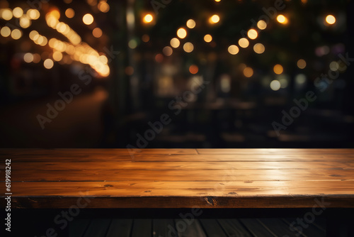 The wooden table top sits empty in a restaurant at night  with a blurred background  generative ai 