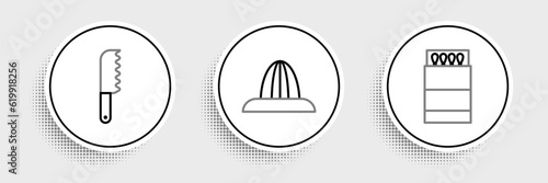 Set line Open matchbox and matches, Bread knife and Citrus fruit juicer icon. Vector