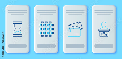 Set line Prison window, Envelope, Old hourglass and Stage stand or debate podium rostrum icon. Vector