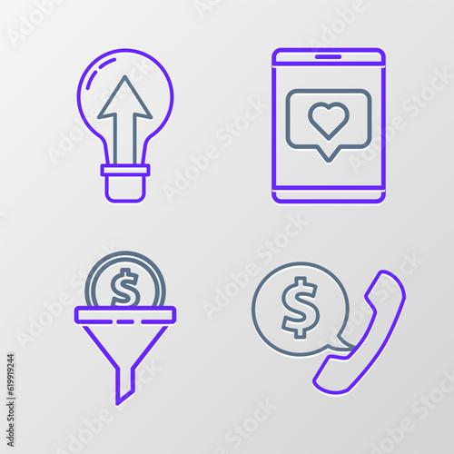 Set line Telephone handset and speech bubble chat, Lead management, Mobile like with heart and Light bulb icon. Vector