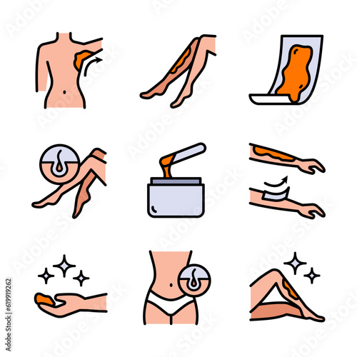 Waxing linear icons set. Female hair removal procedure. Depilation equipment