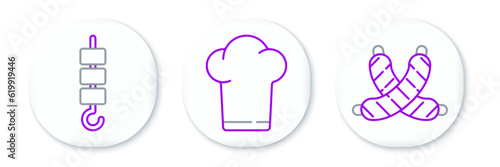 Set line Crossed sausage, Grilled shish kebab on skewer stick and Chef hat icon. Vector