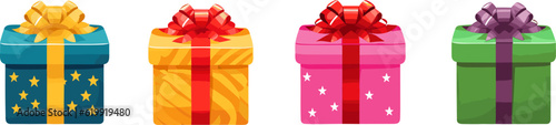 Cartoon gift boxes with ribbons and bows.Presents in colorful wrapping with ribbons.Gift boxes stack in flat style.
