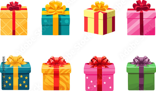 Cartoon gift boxes with ribbons and bows.Presents in colorful wrapping with ribbons.Gift boxes stack in flat style.